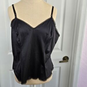 Vanity Fair Vtg Nylon Camisole Size 42 Tank Top Black Lace Trim Lingerie USA‎